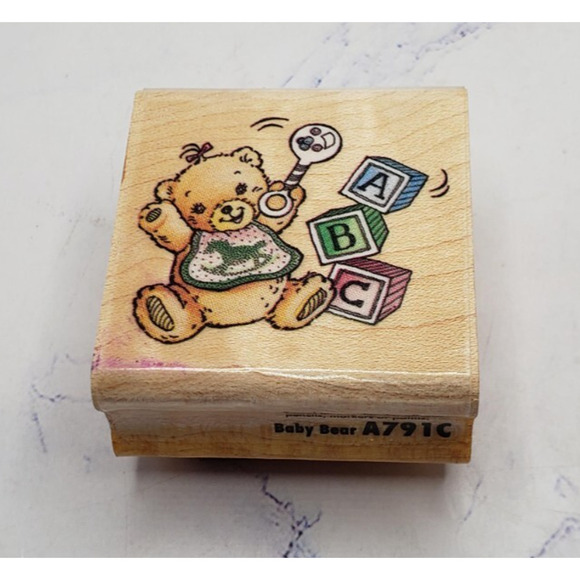 Child With Rattle Baby Bear Rubber Stampede Wood Mounted Rubber Stamp A791C - Picture 1 of 7